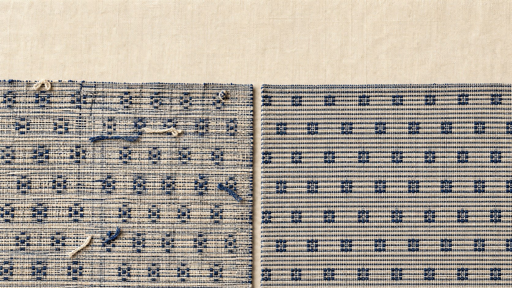 Reverse of handloom cloth with loose thread ends and tied knots beside the clean uniform reverse of powerloom fabric — how to tell handloom from powerloom, House of Falguni
