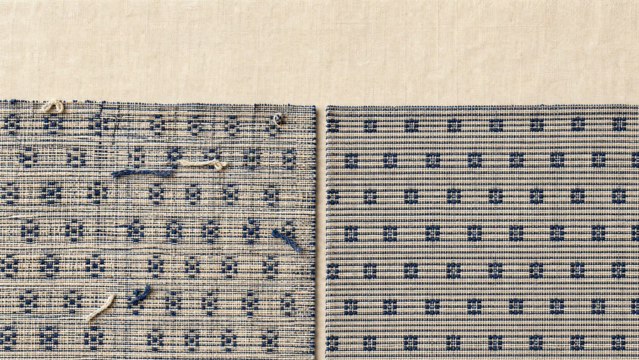 Reverse of handloom cloth with loose thread ends and tied knots beside the clean uniform reverse of powerloom fabric — how to tell handloom from powerloom, House of Falguni