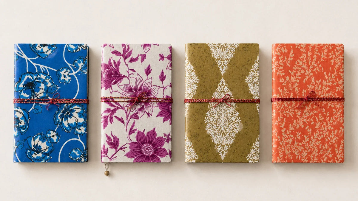 Four Katha Fabric Diaries in blue, magenta, olive and coral block-print cotton covers tied with red thread, House of Falguni