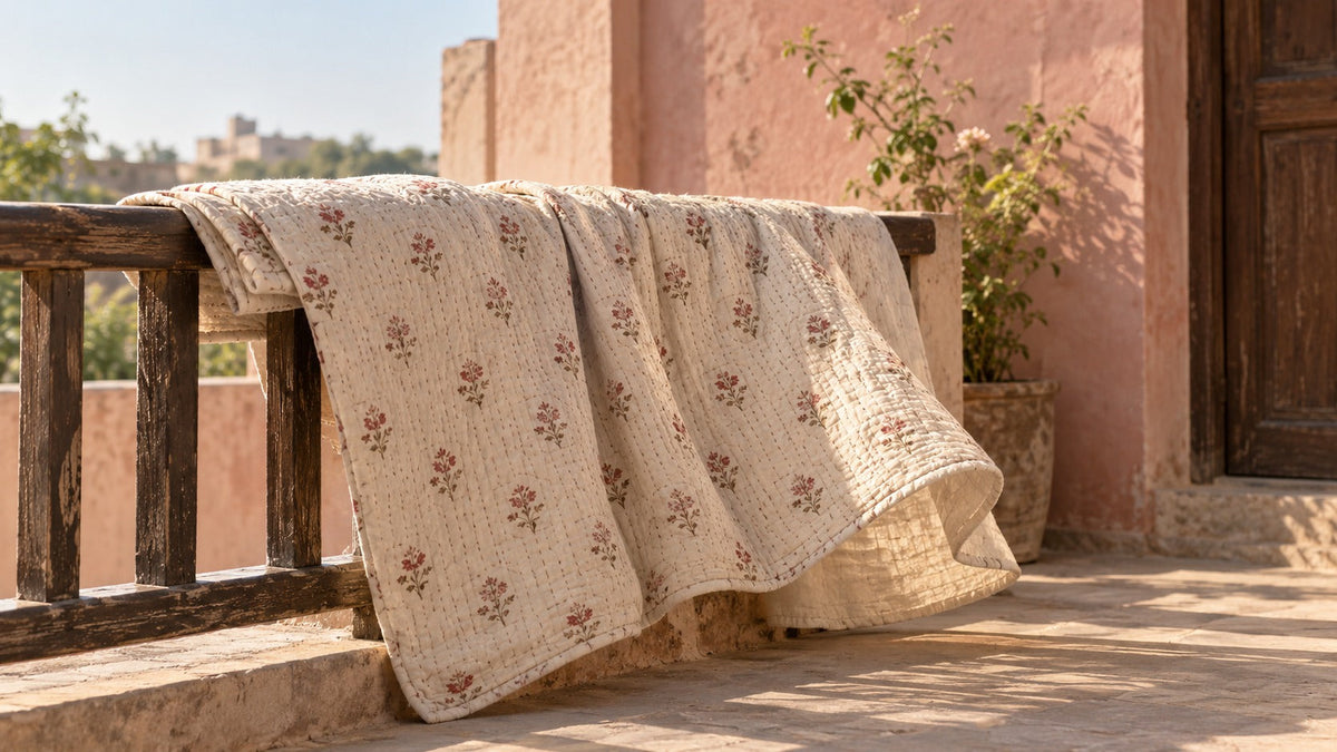 Editorial illustration of a lightweight floral cotton razai airing over a wooden railing on a sunlit Jaipur terrace.
