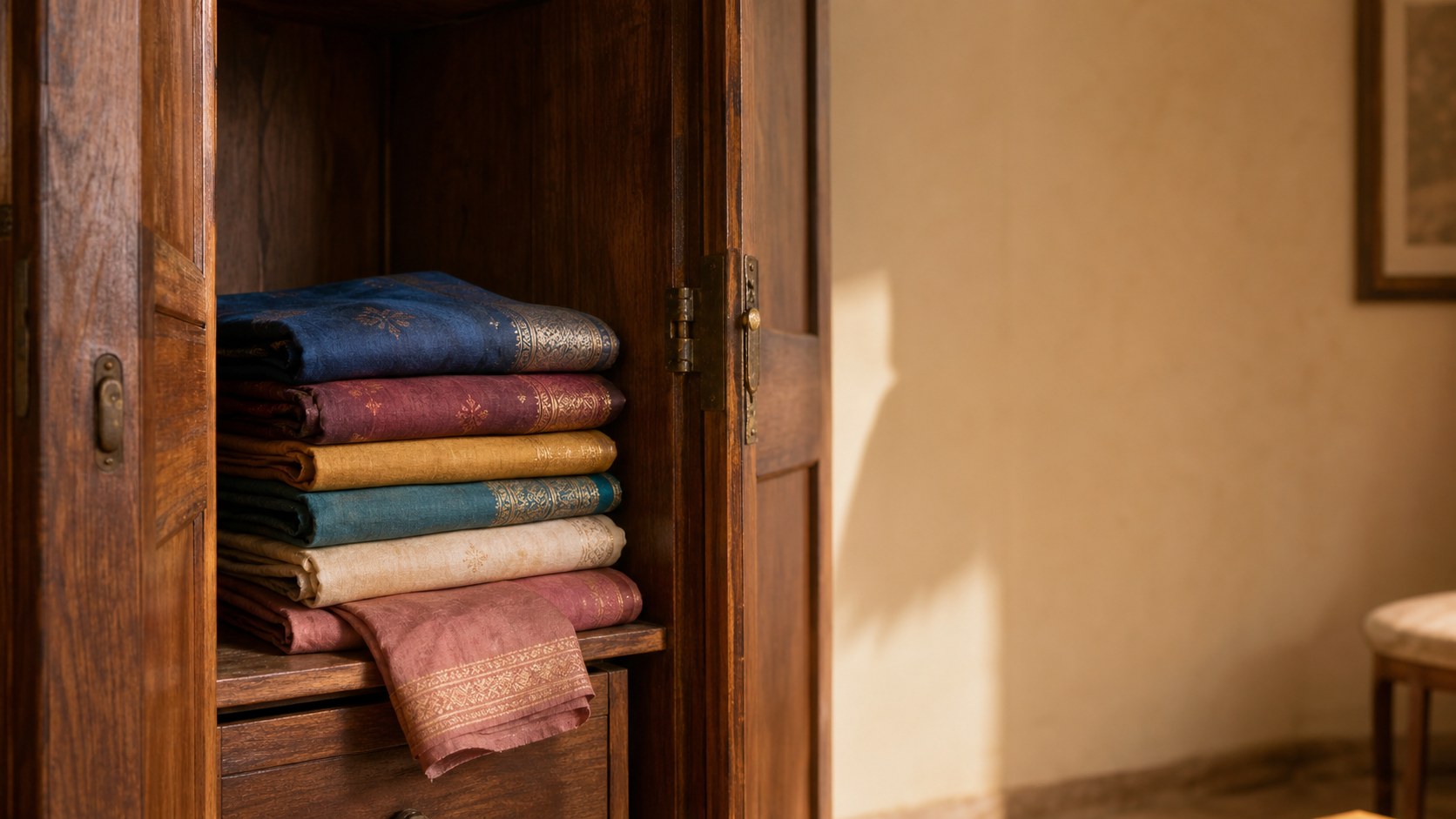 Old silk sarees folded and stacked in a wooden cupboard in warm light — what to do with old sarees, House of Falguni