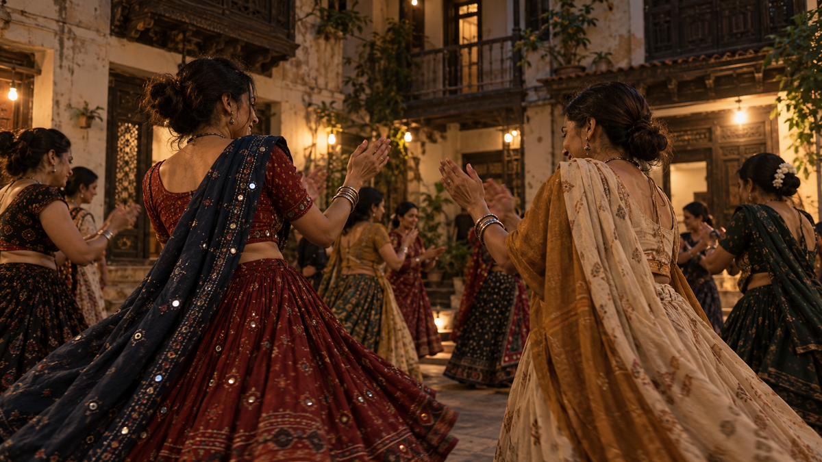 Illustrative editorial scene of women dancing garba in an old Ahmedabad pol courtyard at night.