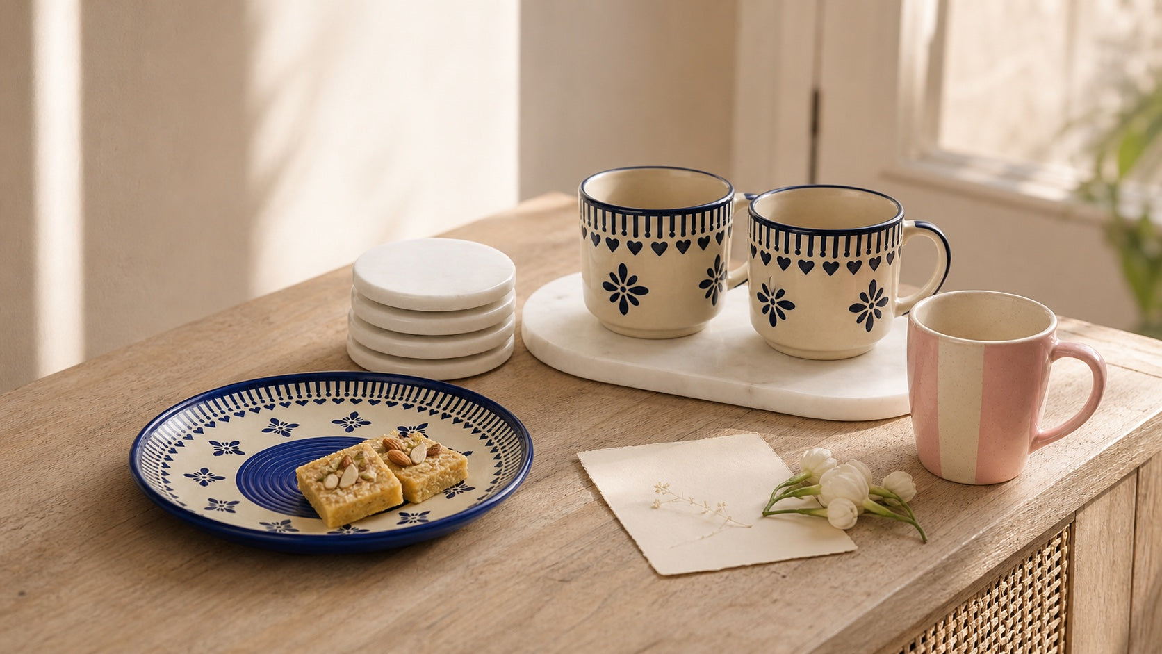 Hand-painted ceramic cups, a blue plate with mithai, marble tray and coasters arranged for a housewarming gift