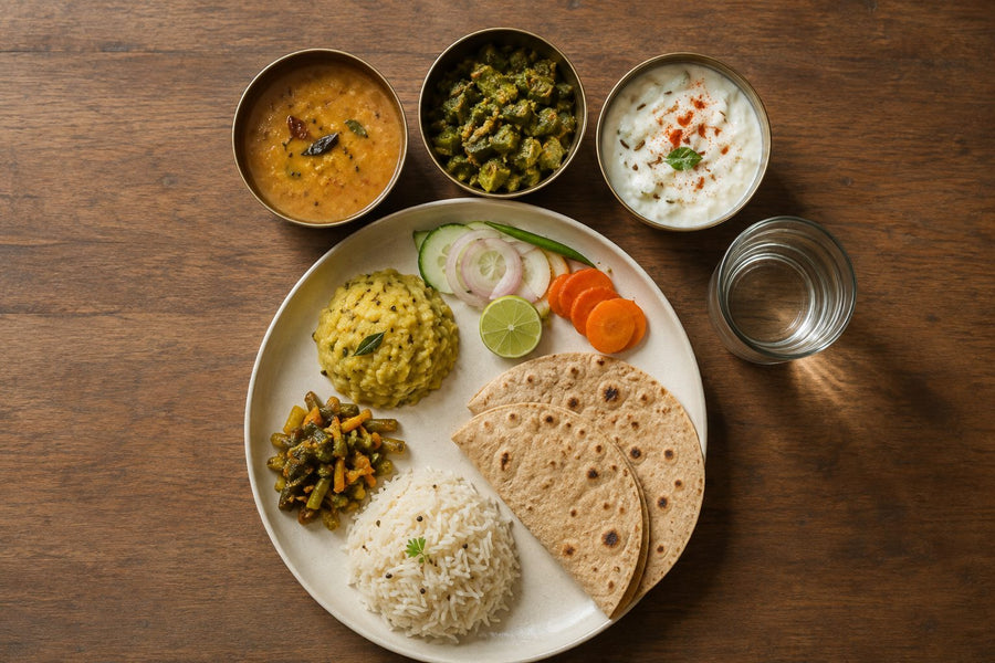 Everyday Indian thali served on a handcrafted stoneware dinner plate with dal, bhindi and raita in three katoris