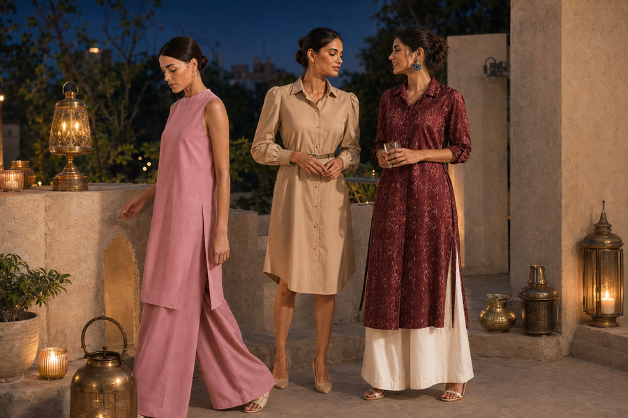 Three women in HOF Gulshan co-ord, Ibrik shirt dress and Ruby Raga ikat kurta styled as Indo-Western party wear