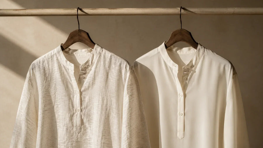 Two ivory kurtas on the same rail, one in textured hand-spun khadi and one in smooth mill-woven cotton, shown side by side for comparison