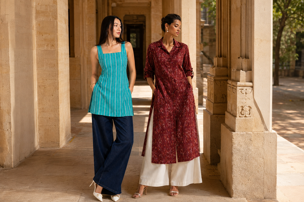 HOF Nilkamal short kurti and Ruby Raga long kurta styled side by side