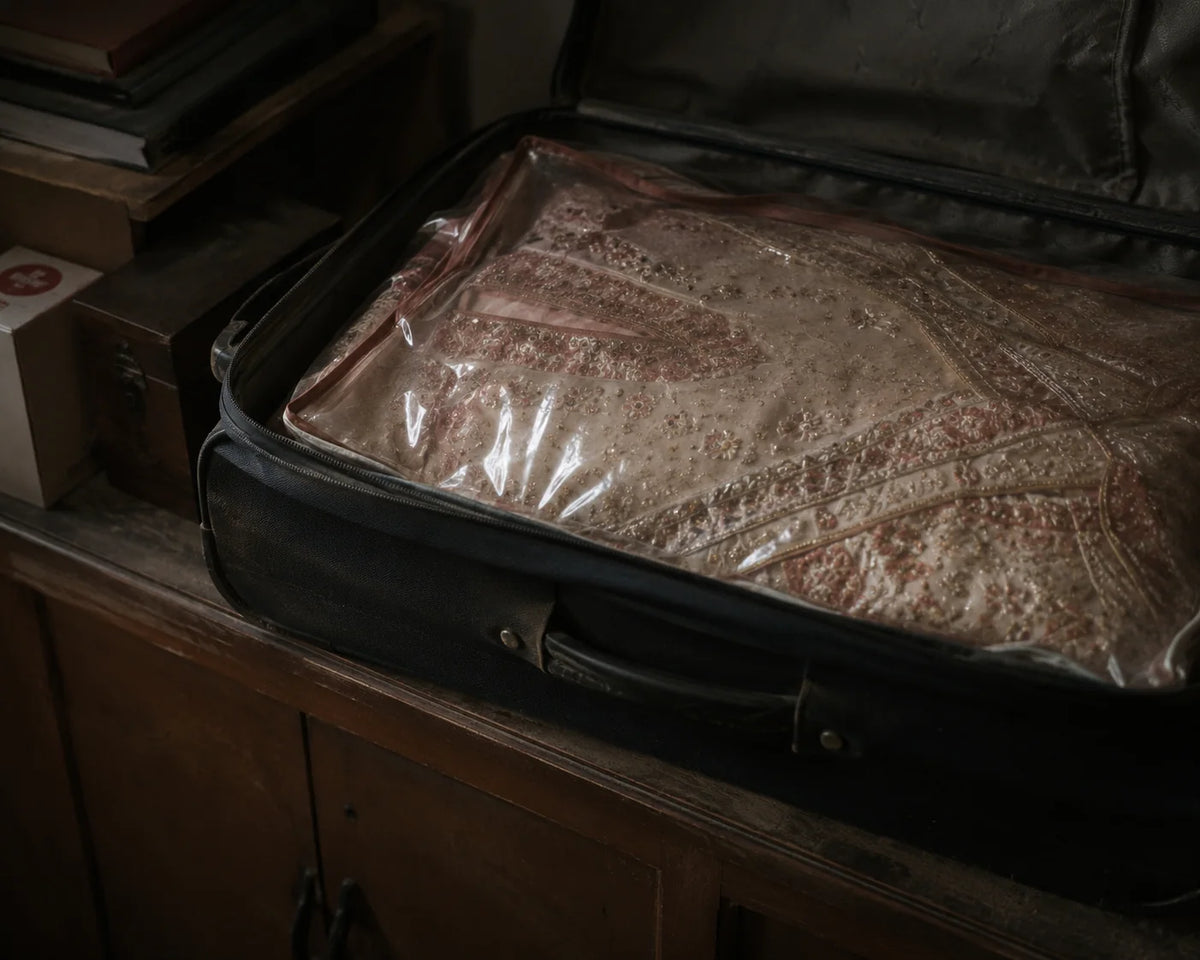 An embroidered lehenga still sealed in its original boutique plastic, folded inside an open suitcase on top of a cupboard in a dim room