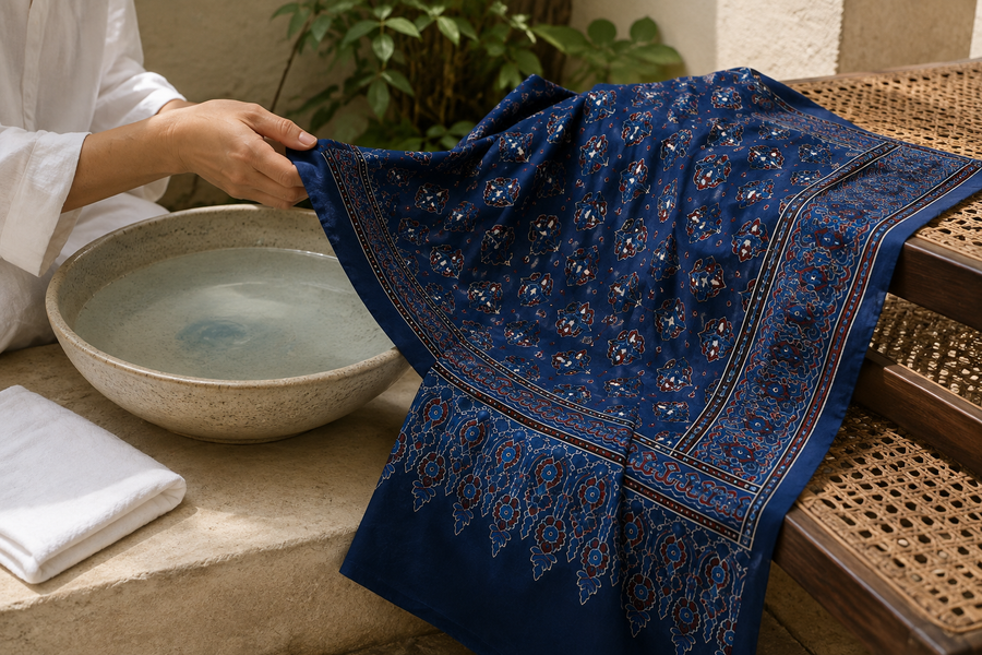 HOF Nilufar Ajrakh modal silk stole beside a basin during gentle colour-care preparation