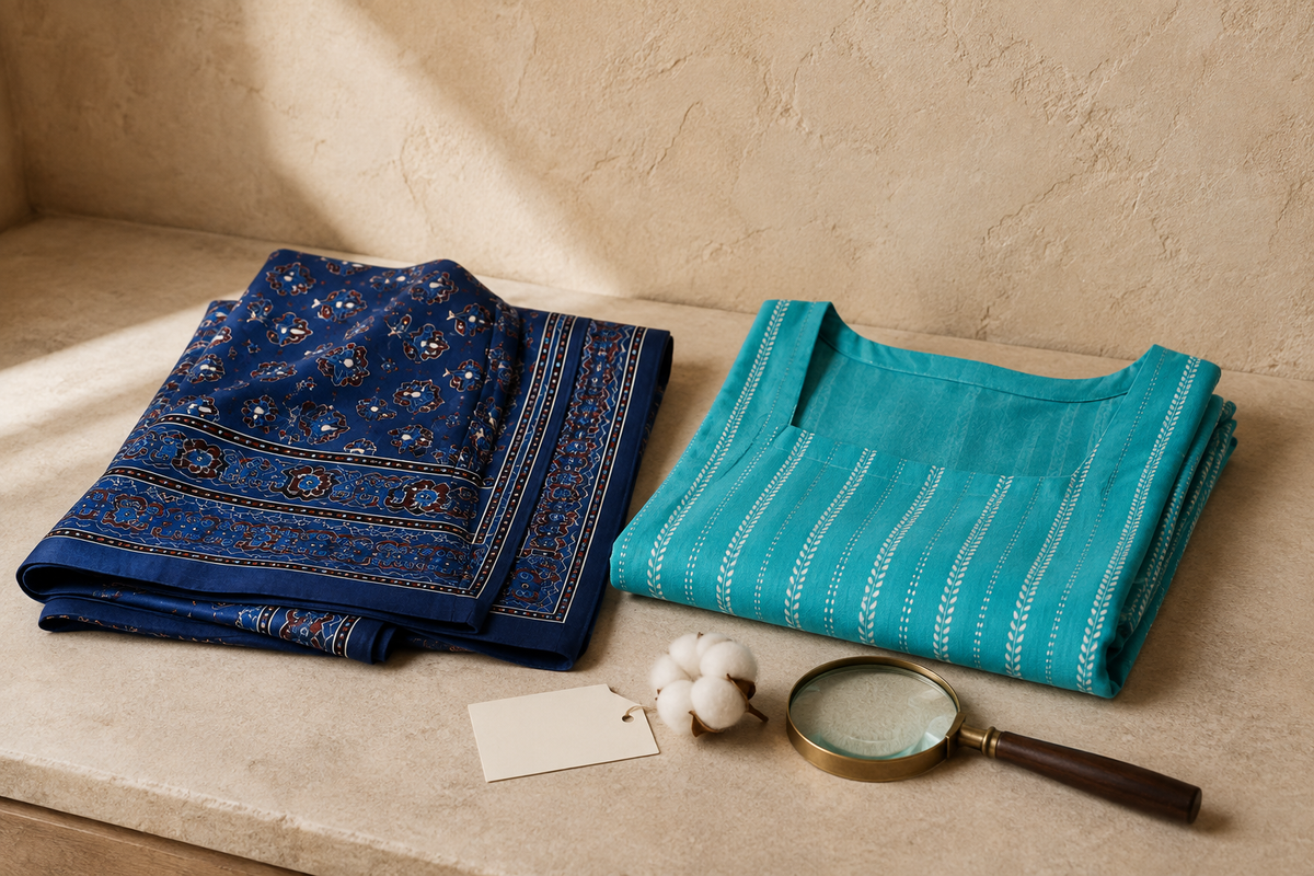 HOF Nilufar Ajrakh stole and Nilkamal kurti arranged for textile claim verification