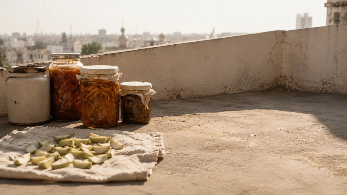 Ceramic and glass pickle jars standing in the sun on a terrace above Ahmedabad, with raw mango slices drying on a cloth beside them