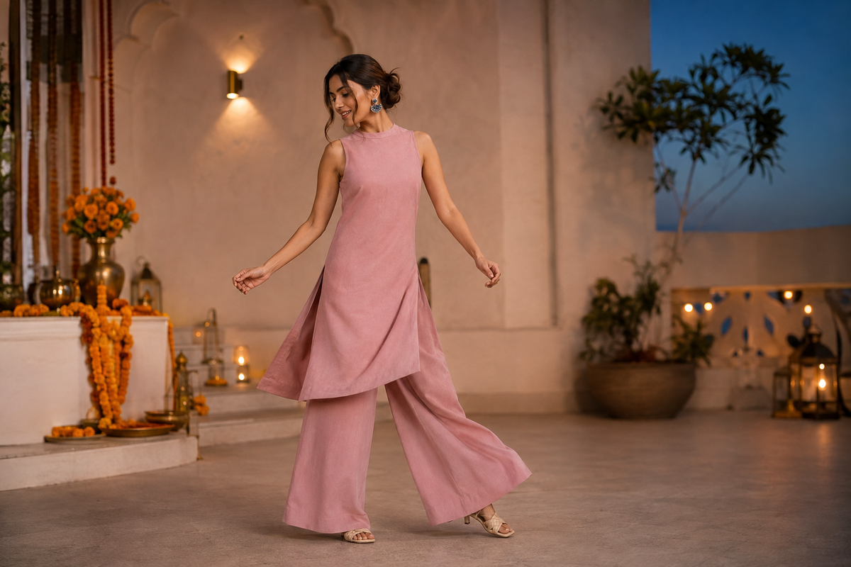 HOF Gulshan blush co-ord set styled for dancing at a sangeet