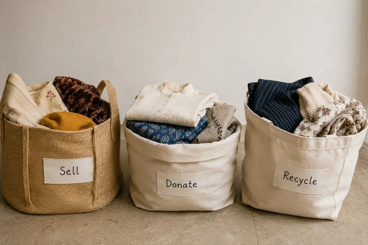 Three labelled baskets side by side holding folded clothes, marked sell, donate and recycle