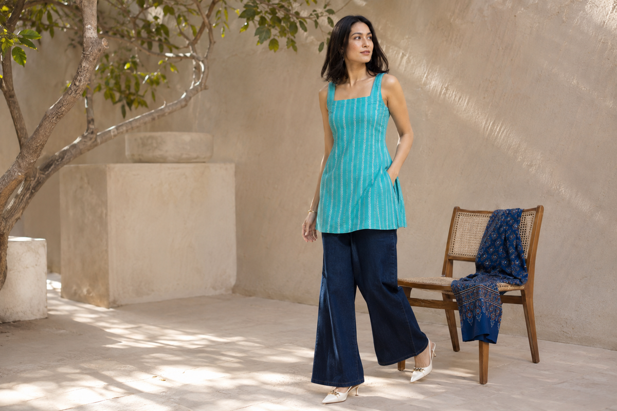 HOF Nilkamal Short Kurti styled with indigo trousers beside the Nilufar Ajrakh stole