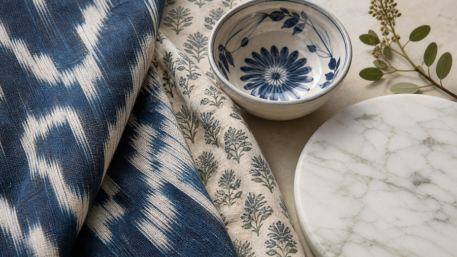 Ikat, block-printed cotton, hand-painted ceramic and marble showing natural handmade variation