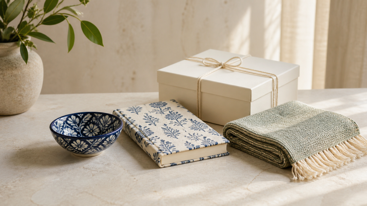 Considered Indian host gifts including a ceramic bowl, fabric journal, woven textile and ivory gift box