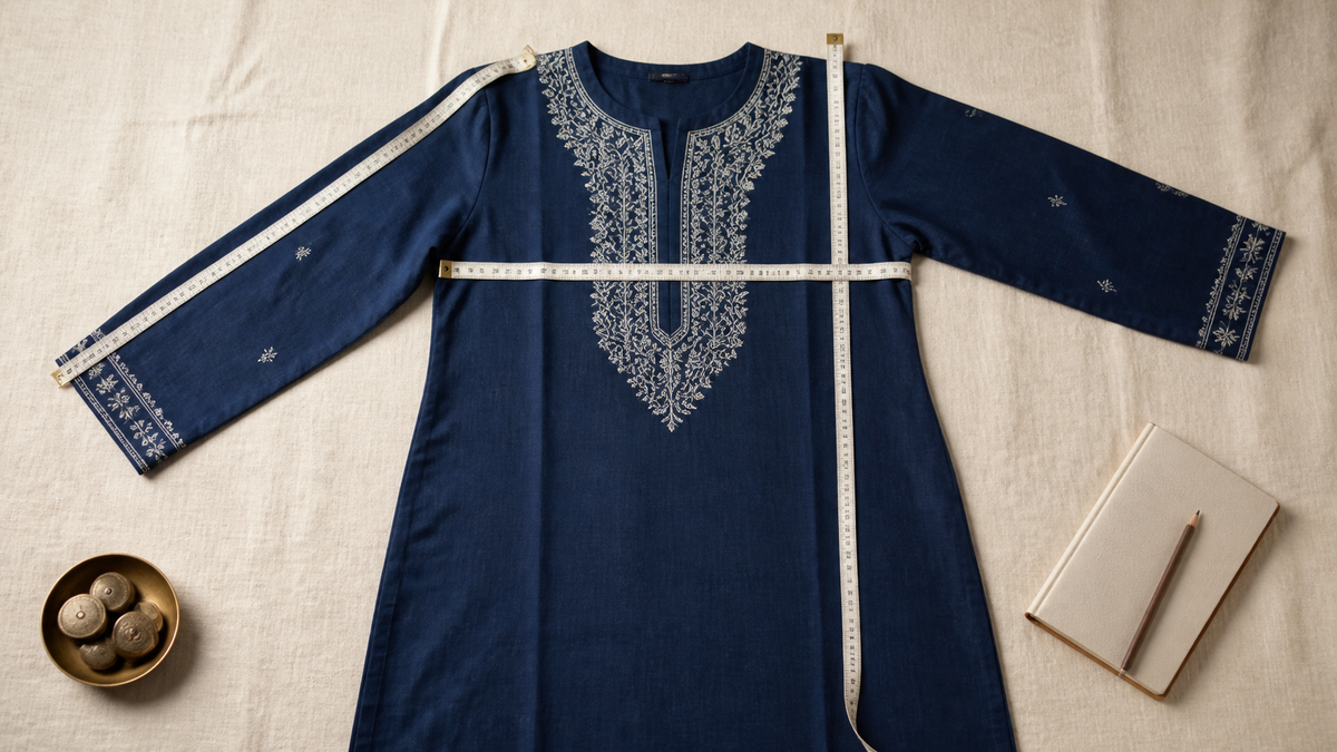 Indigo kurti laid flat with measuring tapes showing bust, sleeve and length measurements