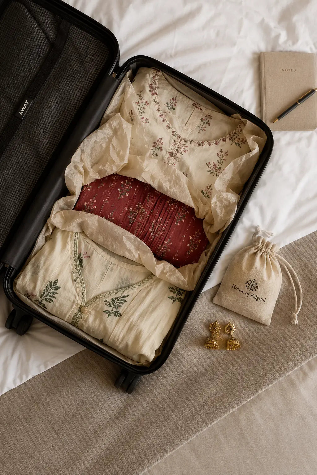 An open cabin suitcase packed with block-printed kurtas layered between sheets of tissue paper, with a cotton jewellery pouch and a pair of gold jhumkas beside it