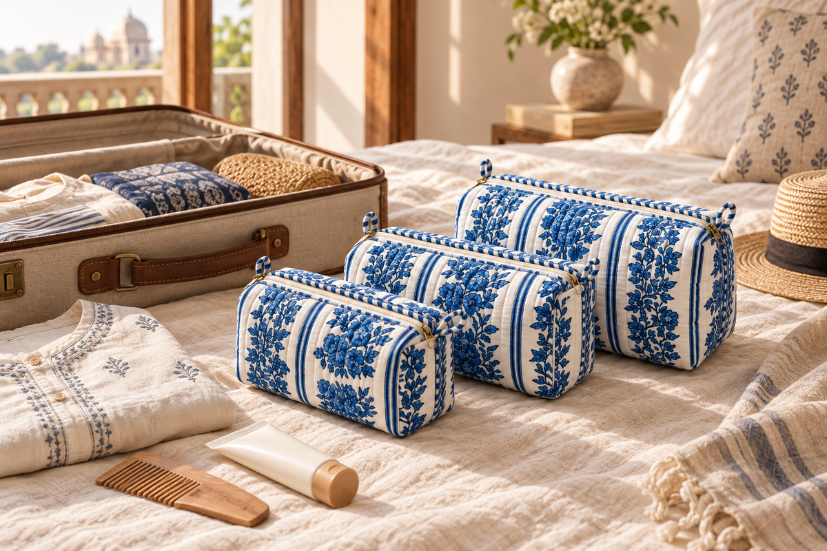 Three blue and white Jharna quilted makeup pouches arranged beside an open suitcase and travel essentials.
