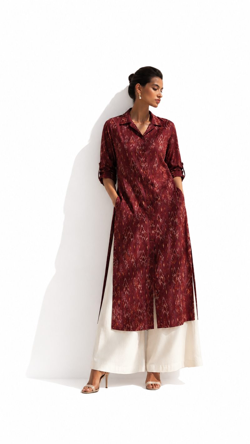 Maroon ikat collar kurta, yarn-dyed before weaving, House of Falguni