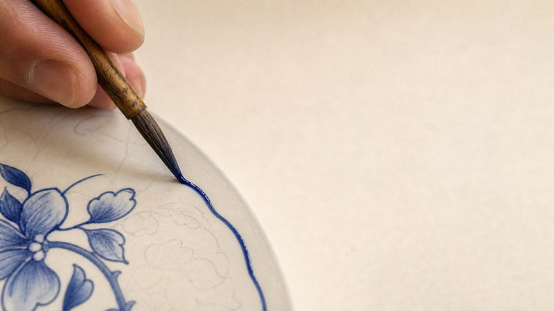 Artisan painting a cobalt outline onto an unglazed blue pottery plate with a fine brush — how Jaipur blue pottery is made, House of Falguni