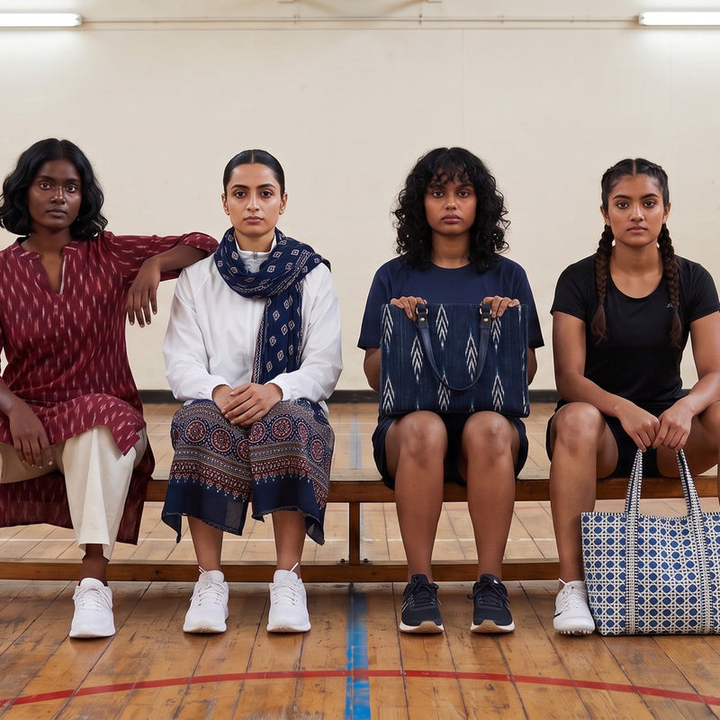 Two women seated on a bench in a sports hall, one in a maroon ikat kurta, one with a navy Ajrakh stole