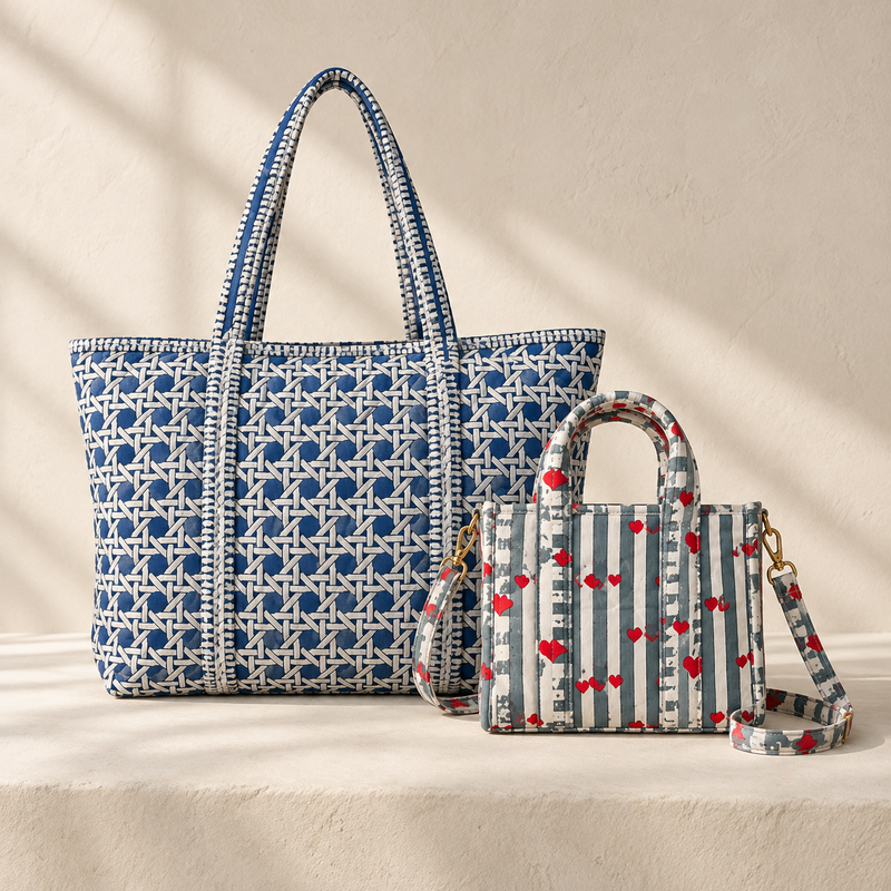 Samudra large quilted tote in blue cane print beside the smaller Jal quilted tote with grey stripes and red hearts.