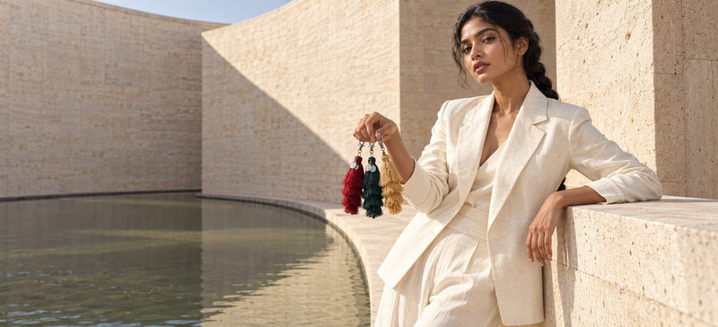 Woman in ivory tailoring holding the Raktima, Neel Van and Zari silk tassel bag charms beside a sunlit stone courtyard pool