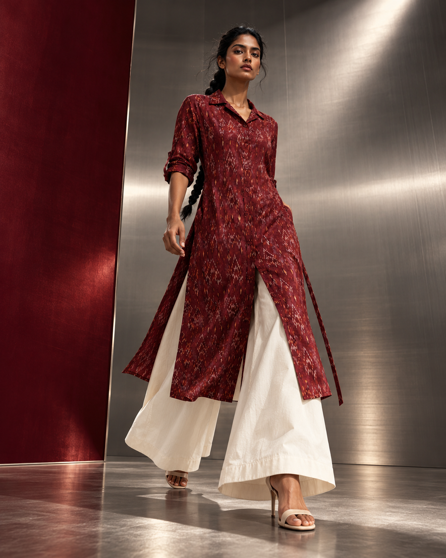 Ruby Raga Maroon Kurta with Ikat Collar