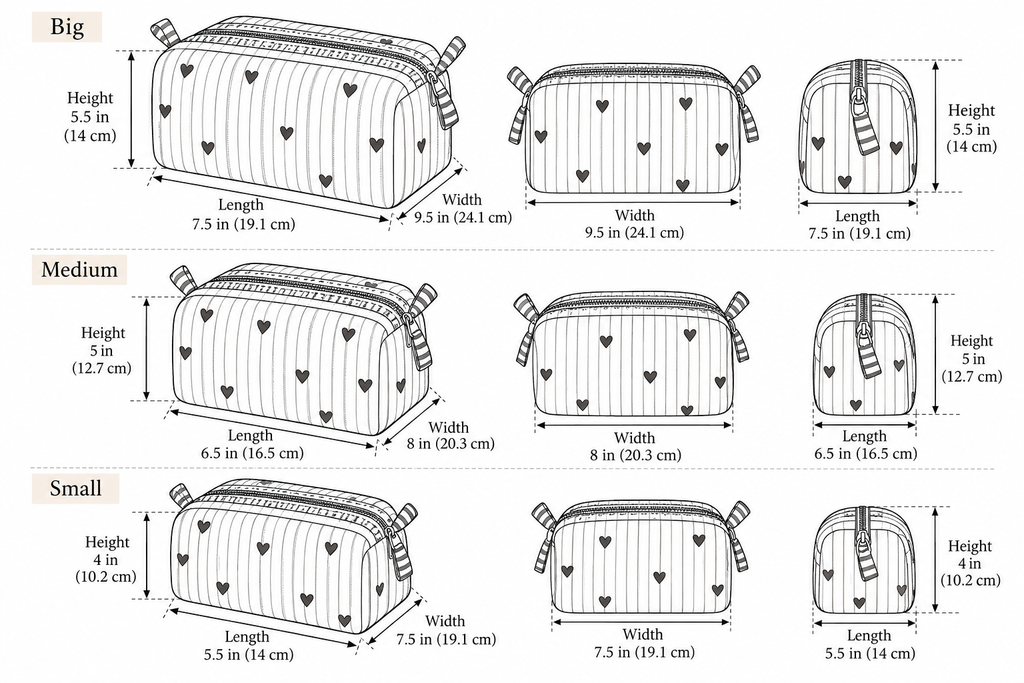 Sunehri quilted makeup pouch set, size chart for the three nesting pouches: big 9.5 x 7.5 x 5.5 in, medium 8 x 6.5 x 5 in, small 7.5 x 5.5 x 4 in