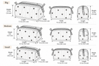 Sunehri quilted makeup pouch set, size chart for the three nesting pouches: big 9.5 x 7.5 x 5.5 in, medium 8 x 6.5 x 5 in, small 7.5 x 5.5 x 4 in