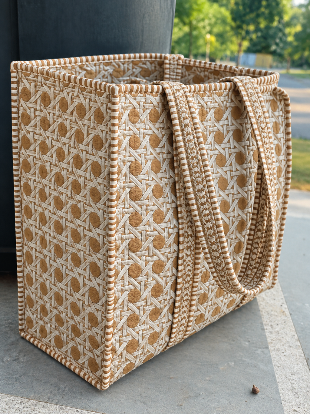 Mitti quilted tote standing on its base outdoors, showing its boxy shape and depth