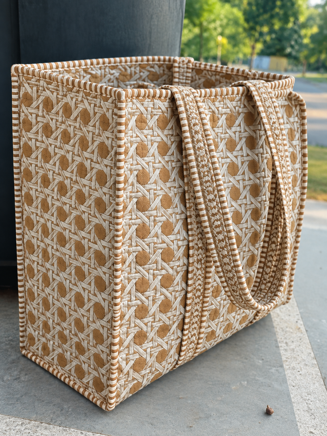 Mitti quilted tote standing on its base outdoors, showing its boxy shape and depth