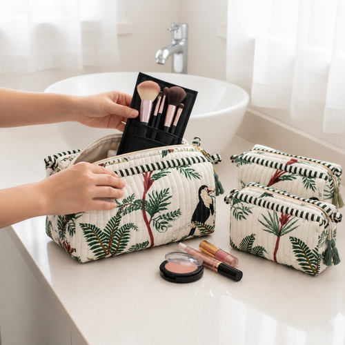 Angan jungle print quilted pouch being packed with makeup brushes on a bathroom counter