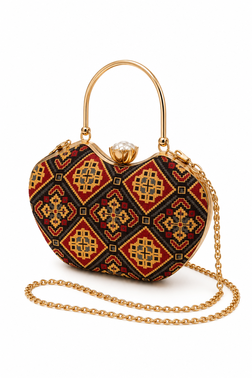 Kaali Adaa curved Mashru silk handbag, black ground printed with a red and mustard diamond grid, gold-tone arched handle and chain