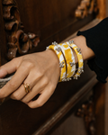 Lariya Yellow Leheriya Fabric Bangles with Ghungroo, Kada Set of 3