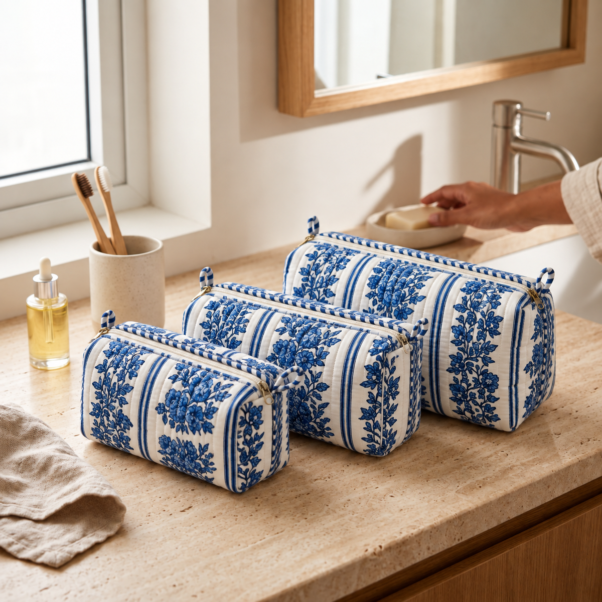 Jharna blue and white floral quilted makeup pouch set of three on a bathroom counter