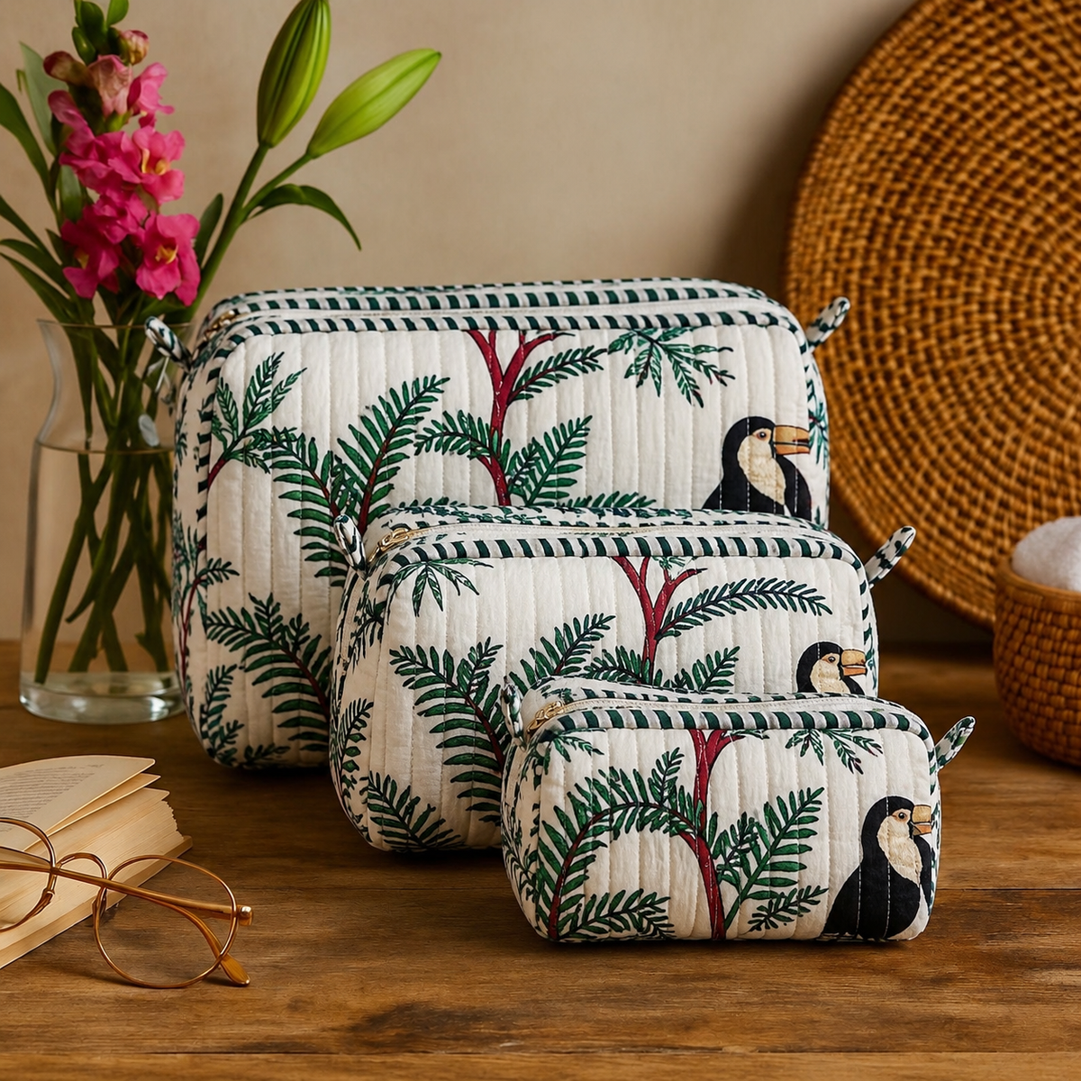 Angan quilted makeup pouch set of three in a white jungle print with toucans and palms, arranged largest to smallest