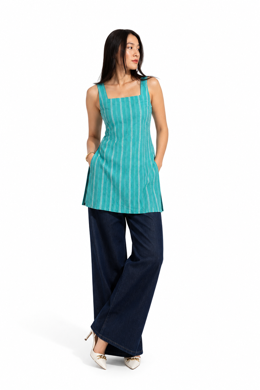 Nilkamal Short Kurti — teal ethnic fusion office-wear kurti for women, handcrafted cotton, House of Falguni