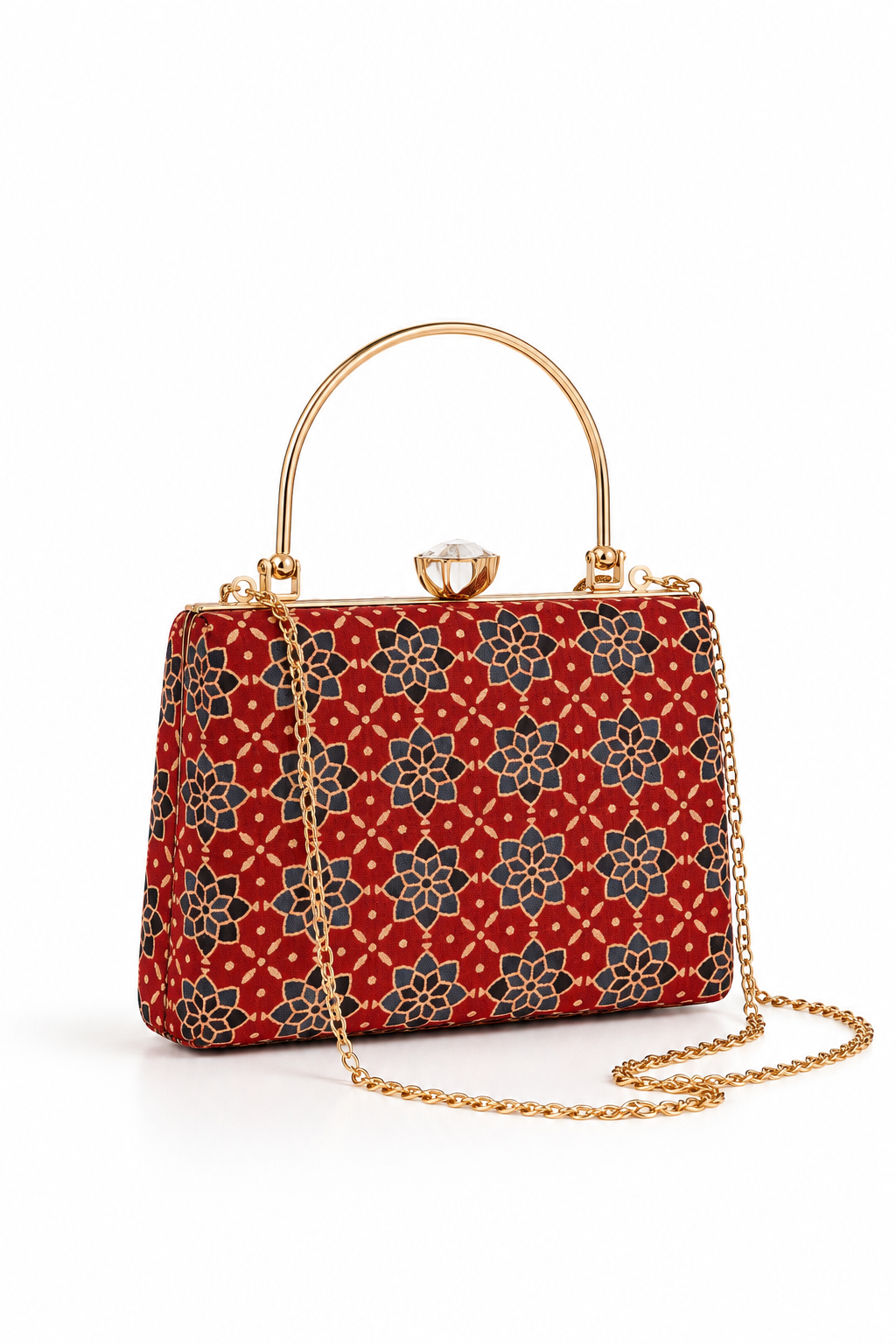 Laal Noor rectangular Mashru silk handbag, red ground printed with black and ivory star-shaped rosettes, gold-tone arched handle and chain