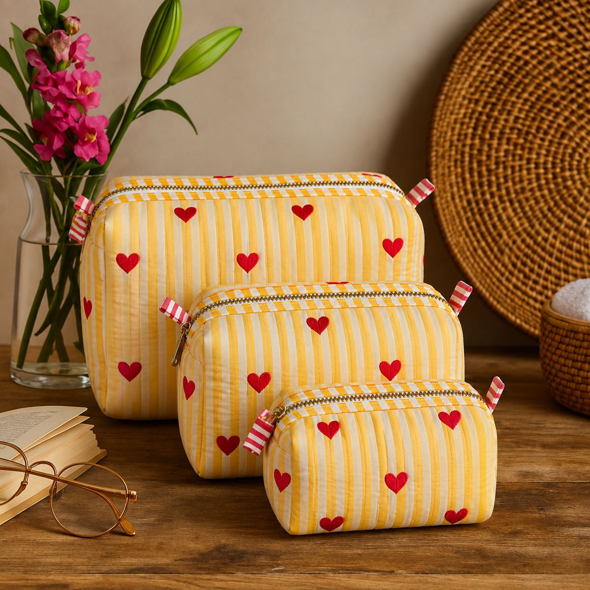Sunehri quilted pouch set stacked on a wooden table, largest at the back