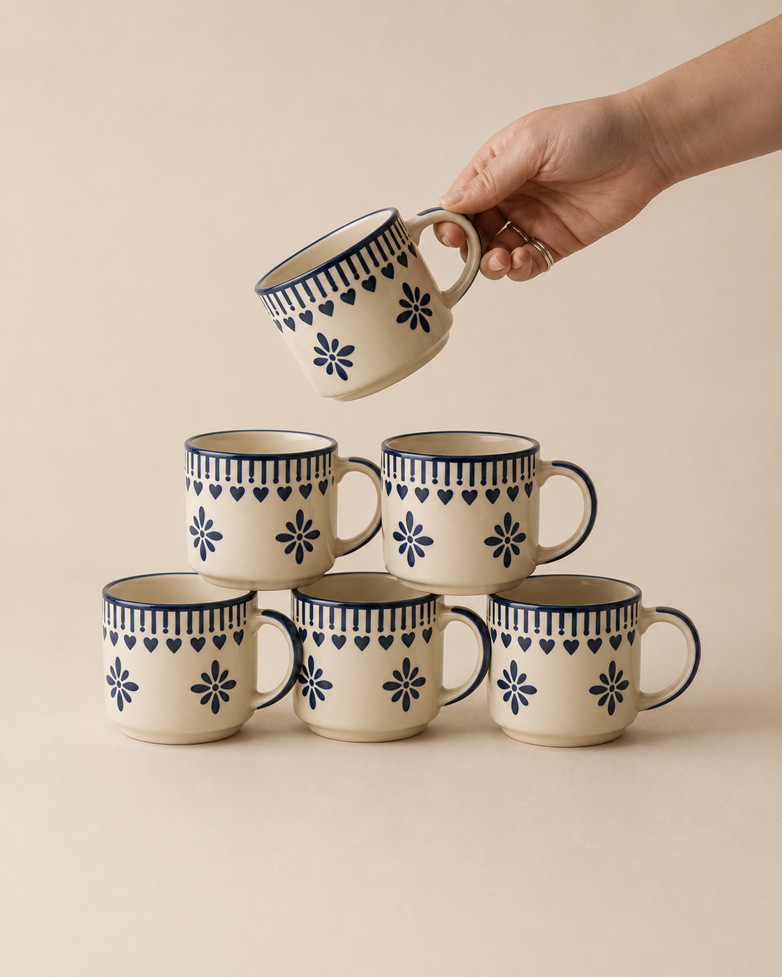 Saanjh Ceramic Cups — hand-painted tea and coffee cups, set of 6, House of Falguni