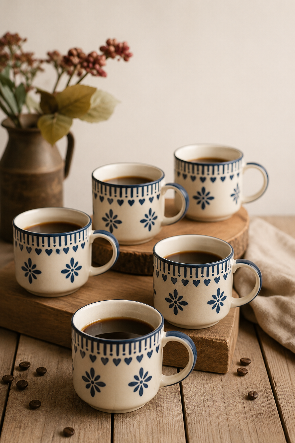 Saanjh Ceramic Cups — hand-painted tea and coffee cup set styled on a table, House of Falguni