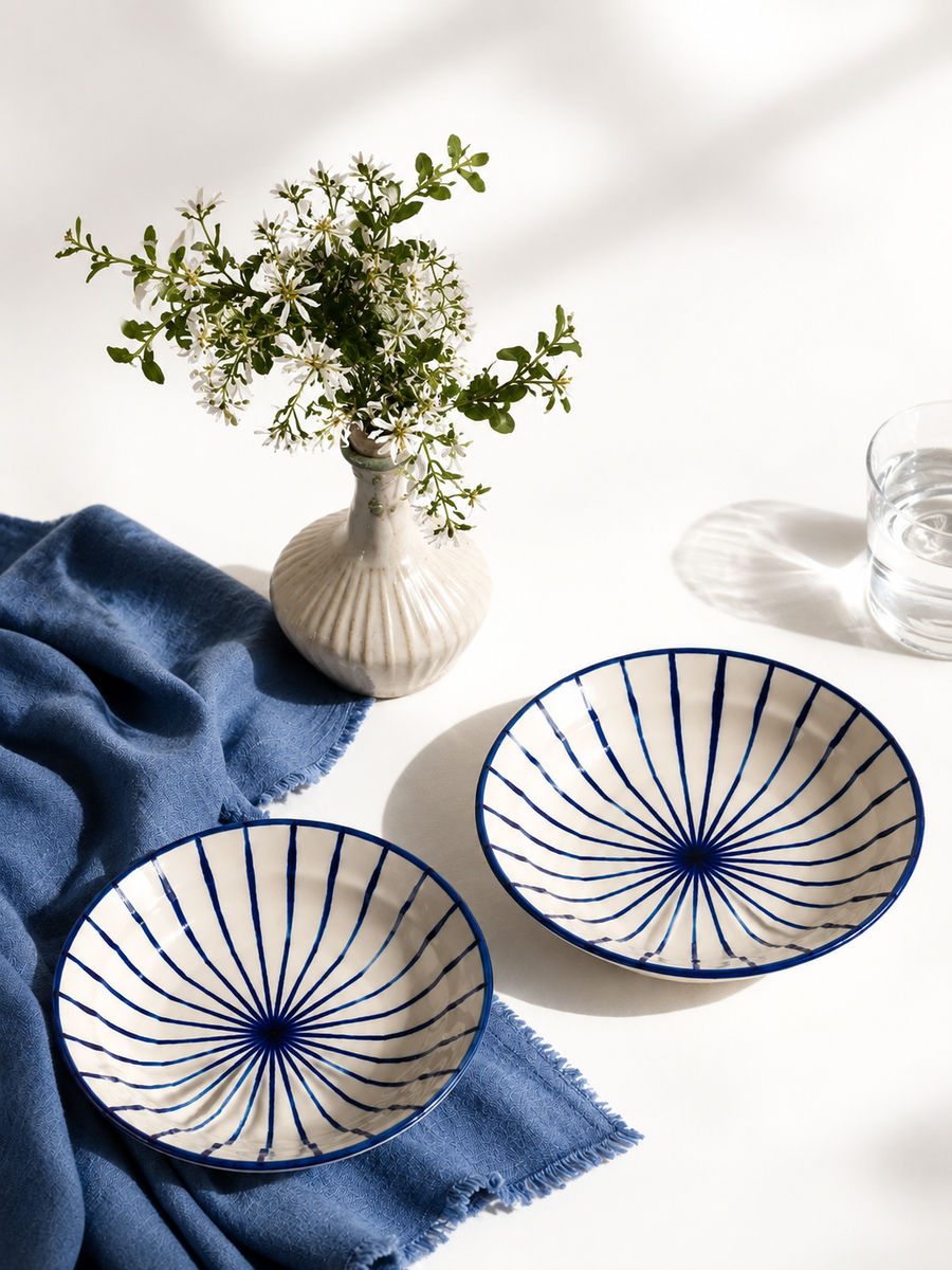 Coastal Bloom Ceramic Pasta Plates — hand-painted floral pasta plates, set of 2, House of Falguni