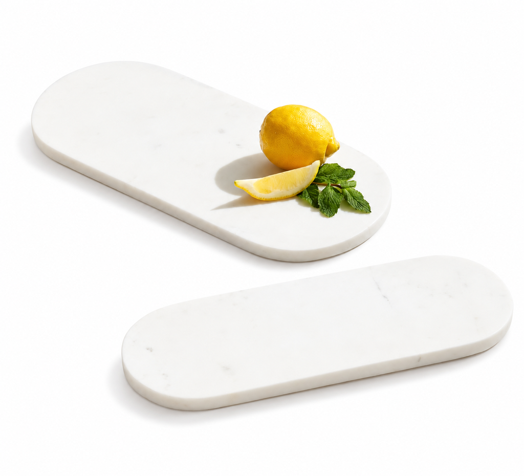 Quiet Table Marble Tray — hand-carved oval marble tray styled for serving, House of Falguni