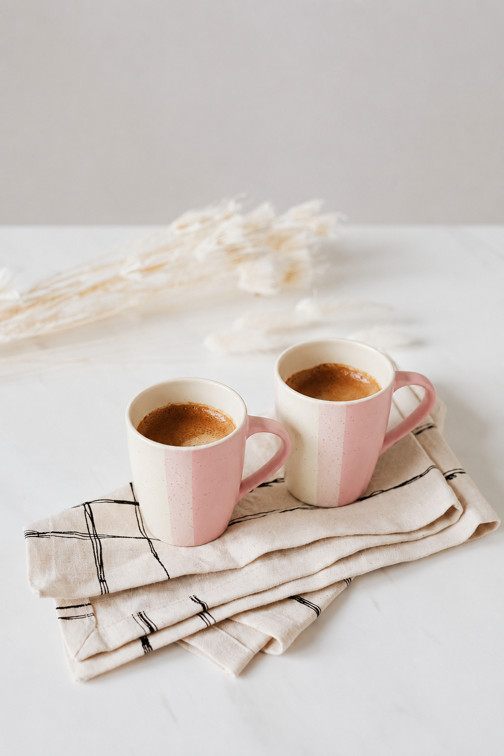 Morning Haze Ceramic Mugs — hand-painted blush pink ceramic mugs styled, House of Falguni