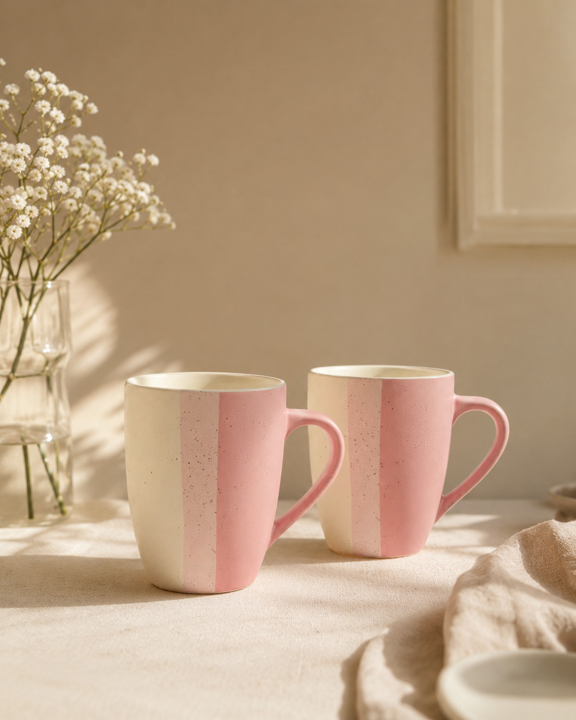 Morning Haze Ceramic Mugs — blush pink hand-painted ceramic mugs for tea and coffee, set of 2, House of Falguni