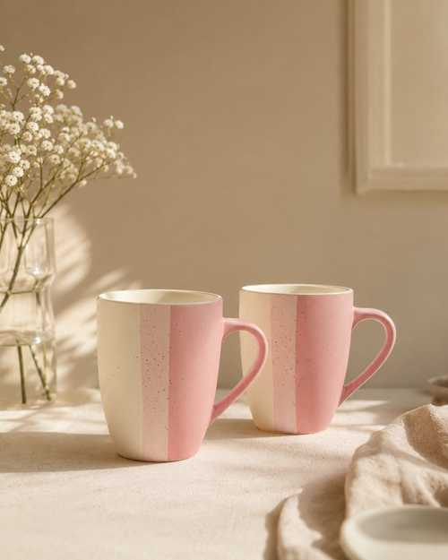 Morning Haze Ceramic Mugs — blush pink hand-painted ceramic mugs for tea and coffee, set of 2, House of Falguni