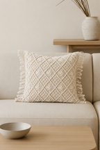 Chandni Macramé Cushion Cover, Hand-Knotted Ivory Throw Pillow Cover
