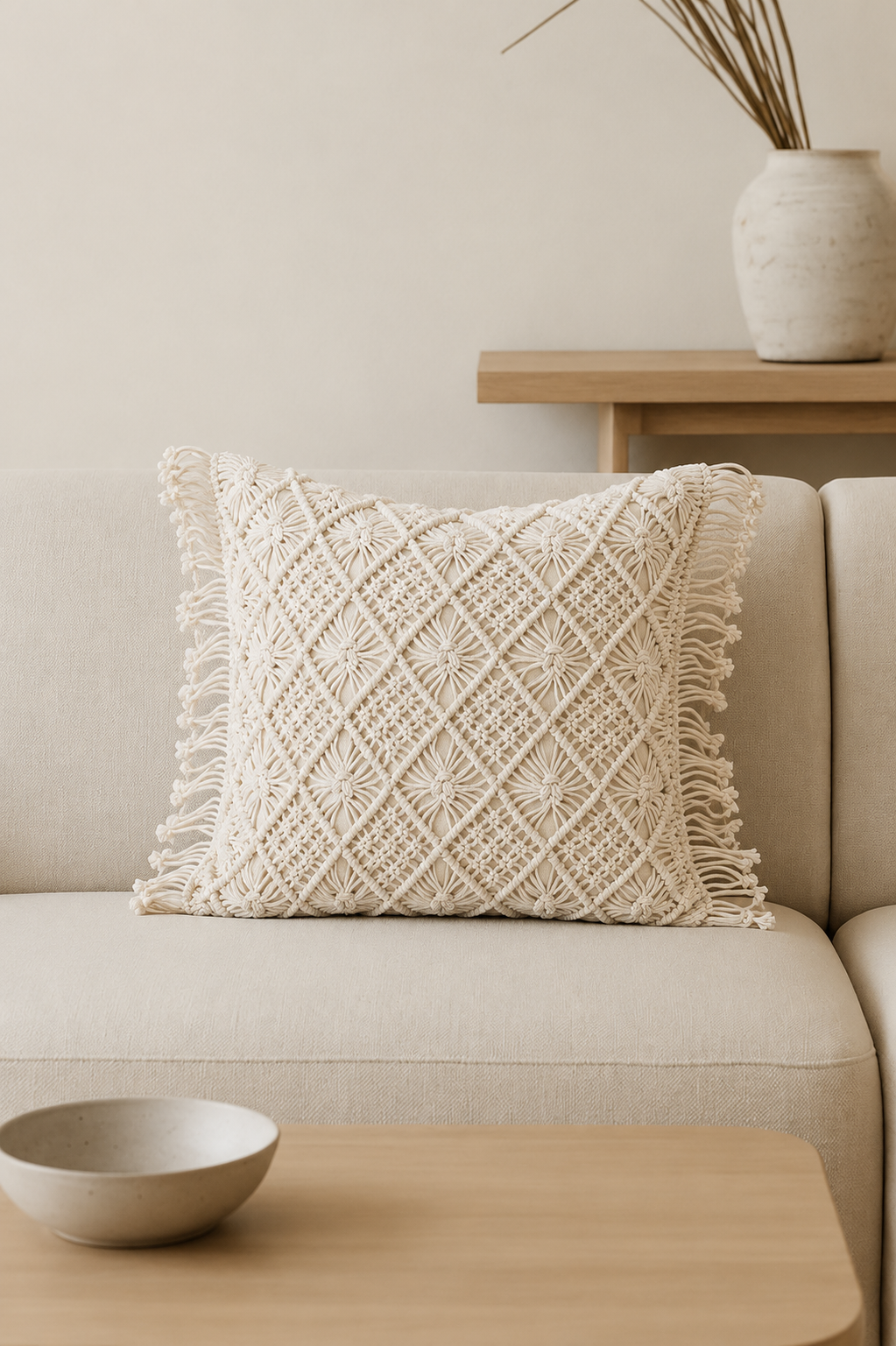 Chandni Macramé Cushion Cover, Hand-Knotted Ivory Throw Pillow Cover